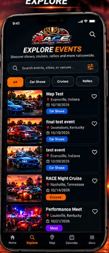 R.A.C.E. Explore events screen